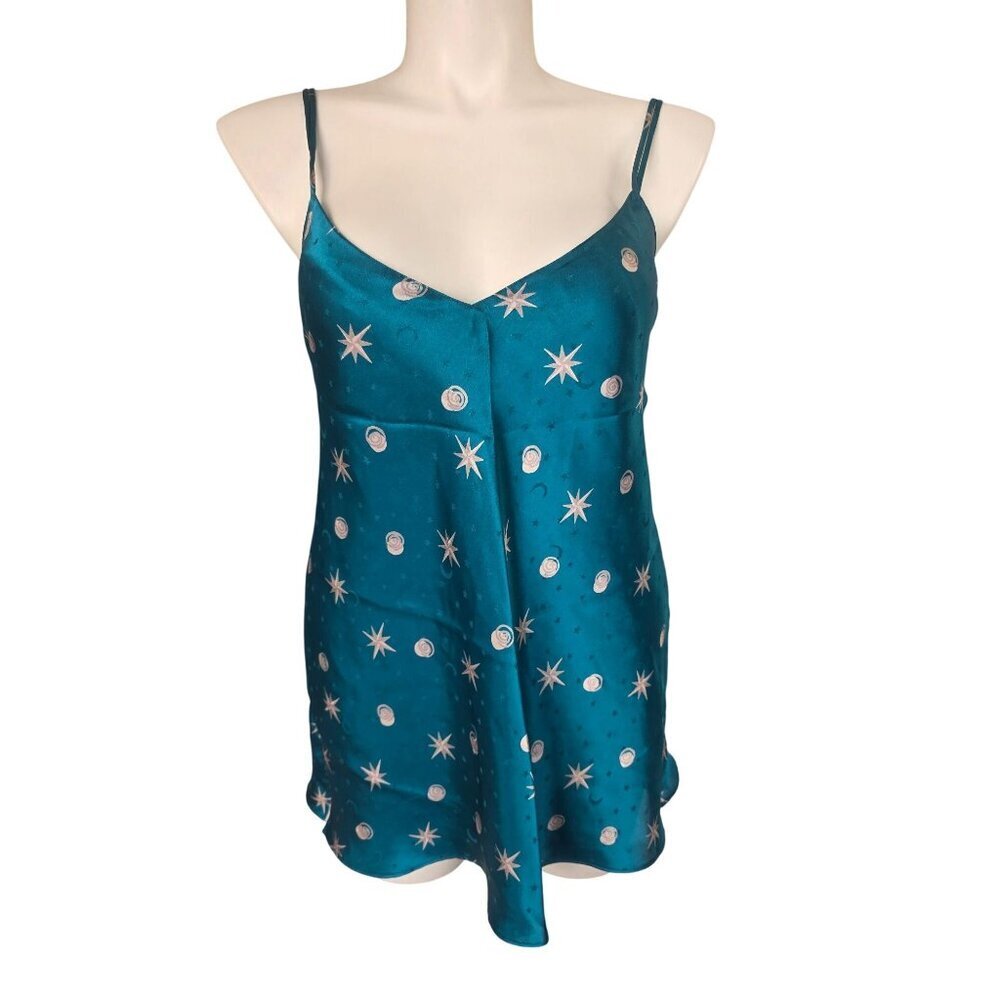 Cerie Satin Slip Dress Mini Chemise Sleepwear Womens L Teal Star Moon Print